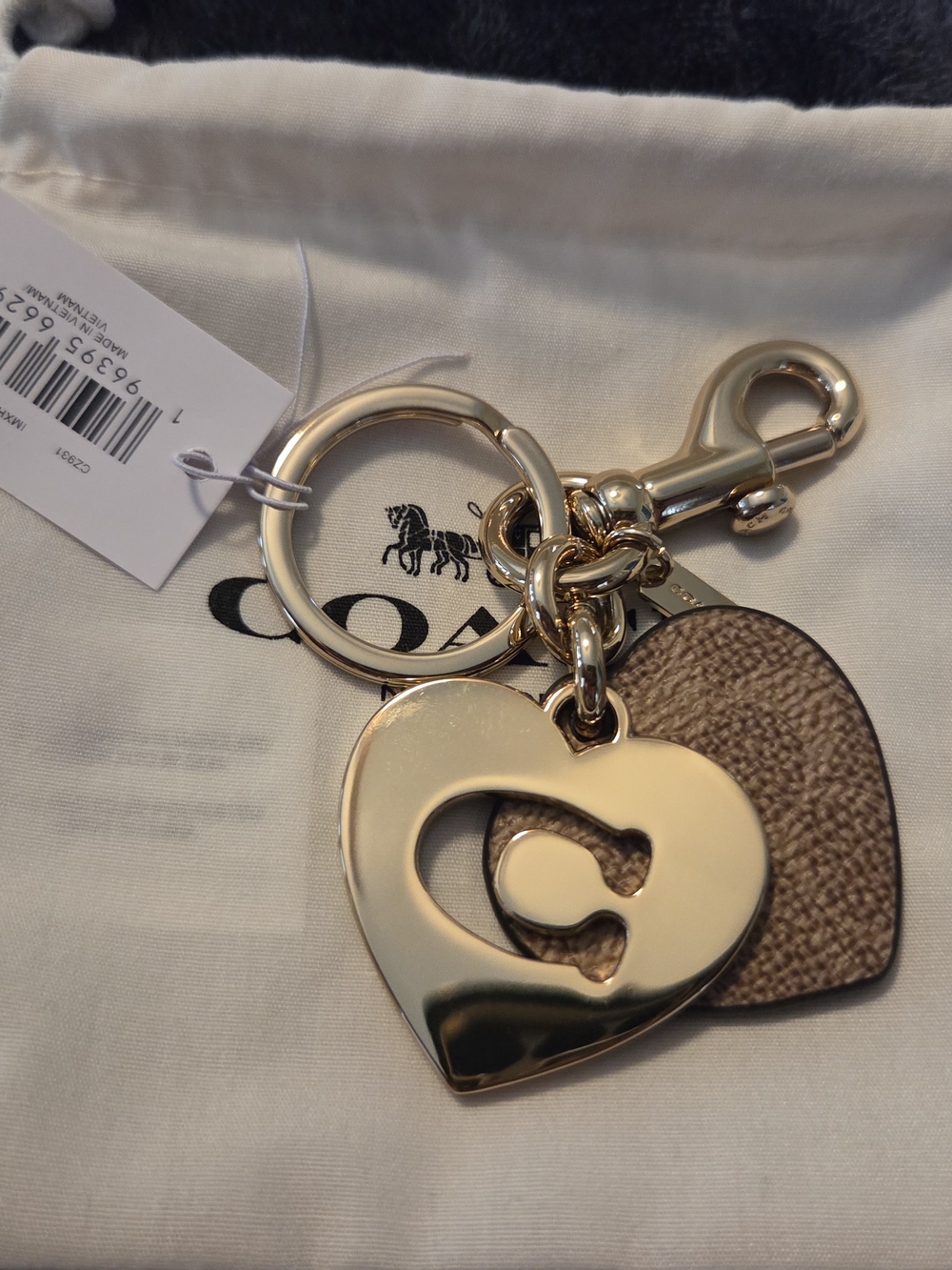 Coach Gold-Tone Heart Keyring with Brown Leather Charm